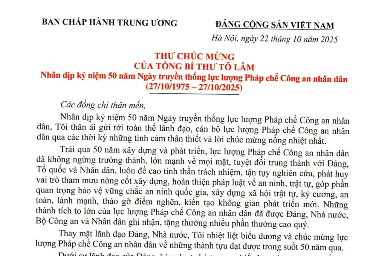 Thư chúc mừng của Tổng bí thư Tô Lâm